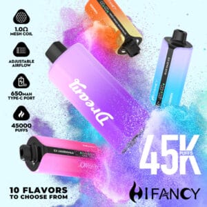 Zdjęcie jednorazowego e-papierosa Hifancy Dream 45000 Puffs, podkreślające jego solidną budowę i estetykę, w kontekście codziennego użytku.