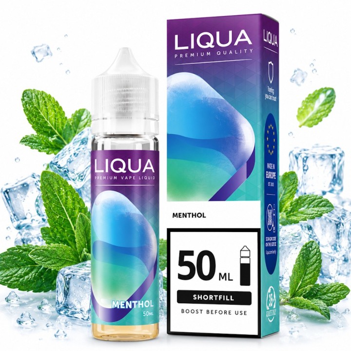 Butelka e-liquidu z etykietą Ice lub Cool, otoczona lekką mgiełką lub kryształkami lodu, symbolizująca obecność czynników chłodzących.